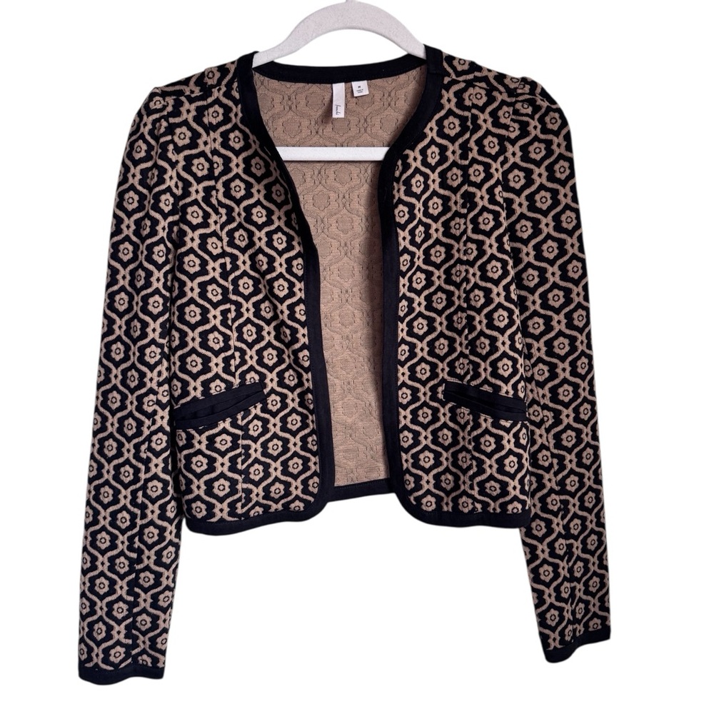Frenchi Cropped Geometric Print Open Cardigan Top